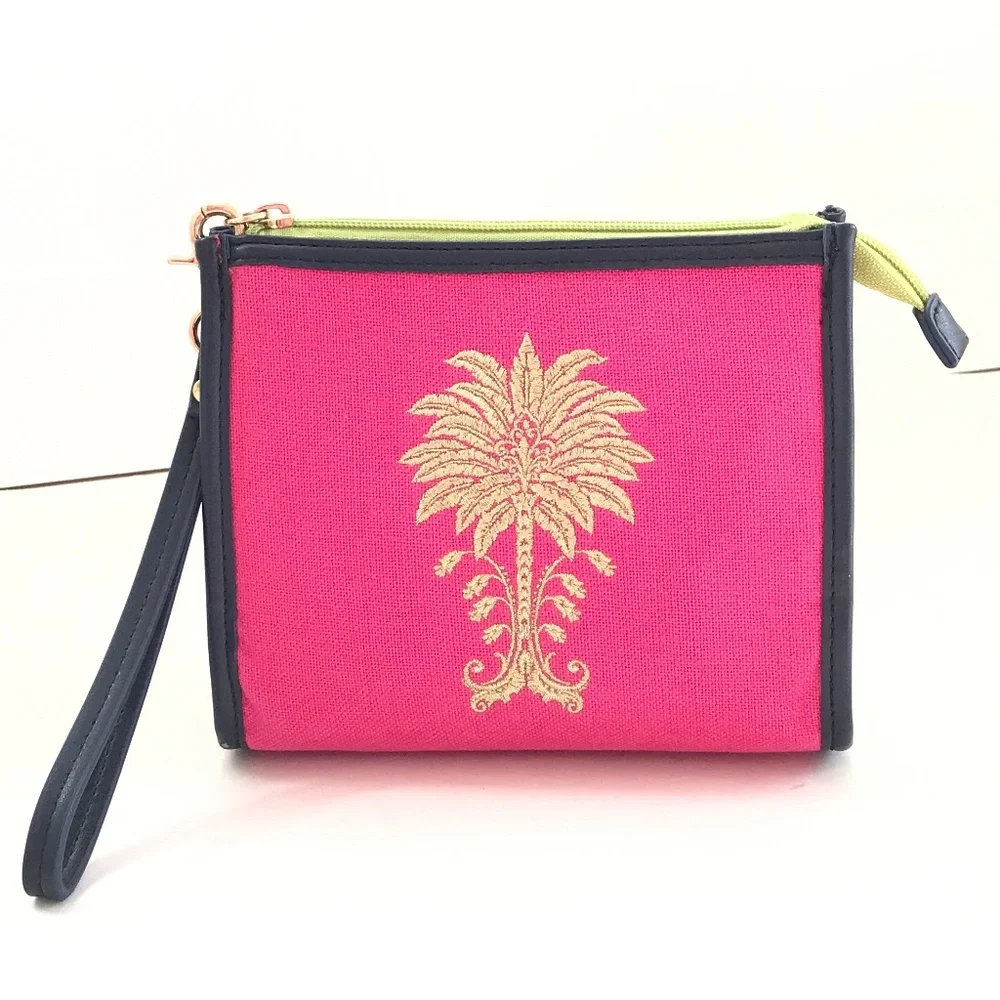 SPARTINA Wristlet Pouch Linen Leather Bag Pink Floral Paisley